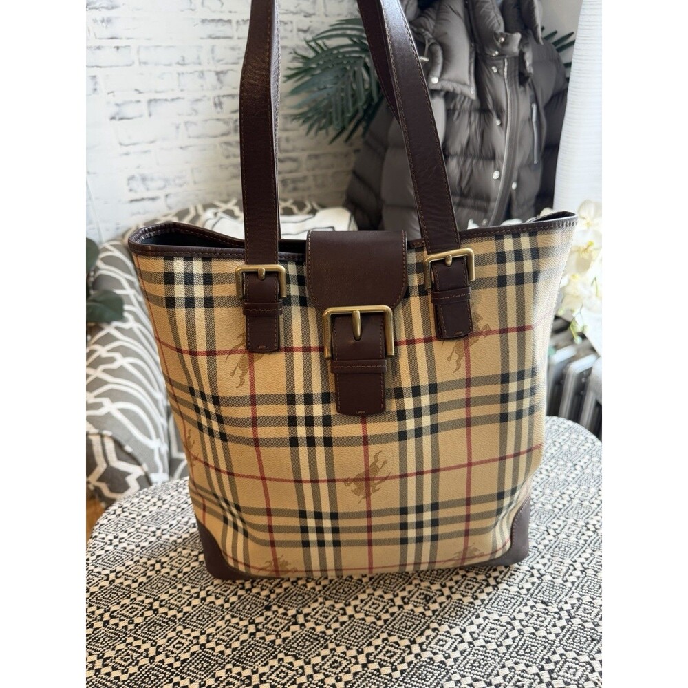 BURBERRY Haymarket Check Shoulder Tote Bag Canvas Coated Leather.